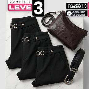 [Leve 3, Pague Só 2] Calça Aveli Feminina em Poliéster, Viscose e Elastano de Cintura Alta com Fivela Metálica + BRINDES: Bolsa e Cinto
