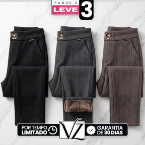 [Leve 3, Pague Só 2!] Calça Vellura Feminina em Trama Estilo Tweed e Forro de Pelúcia de Cintura Alta com Pingente Metálico de Coração