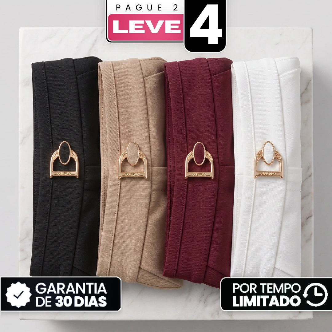 [Compre 2, Leve 4] Calça Eloria Feminina em Algodão, Poliéster e Viscoce com Aparência Sarjada de Cintura Alta com Caimento Reto e Fivela Metálica Dourada