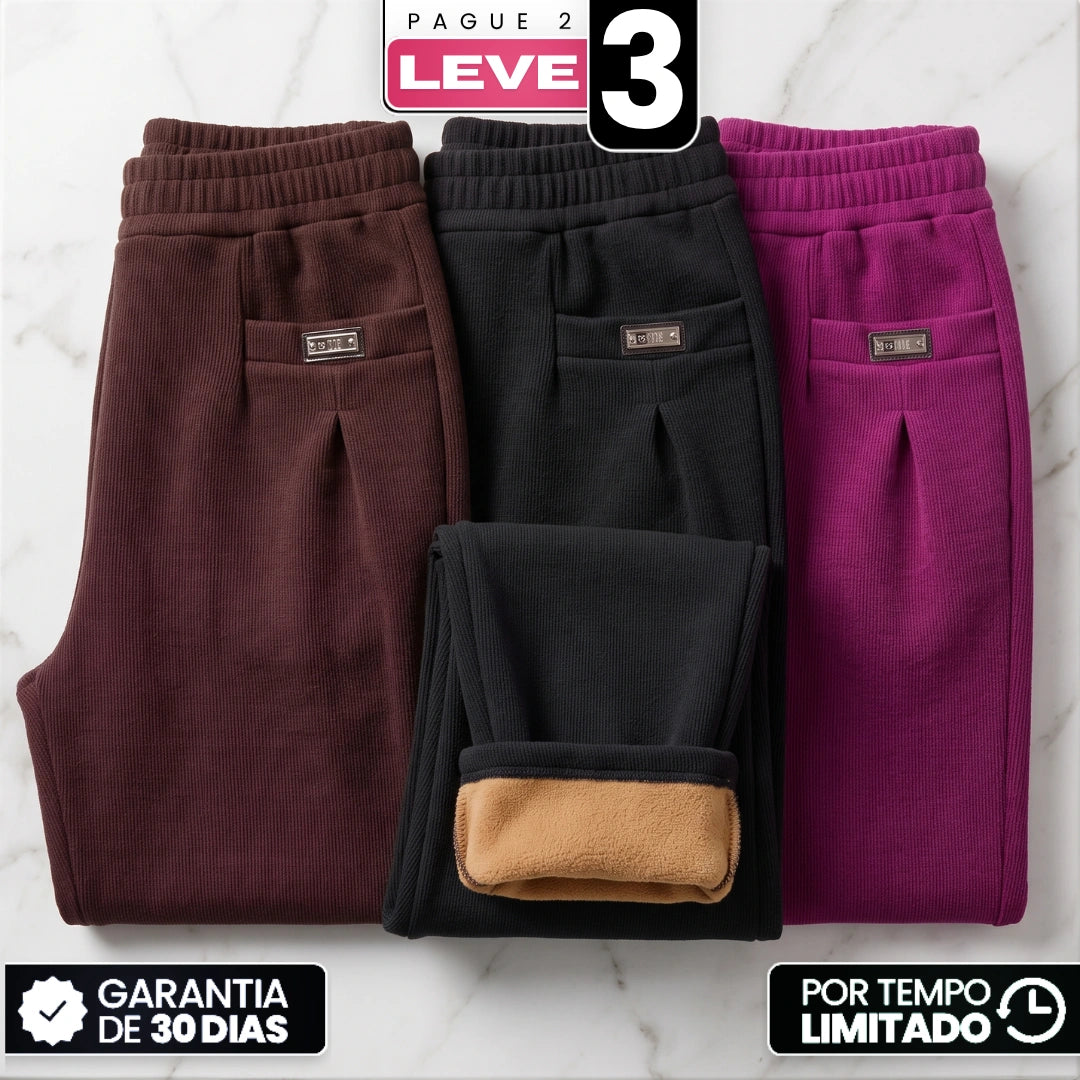 [Compre 2, Leve 3] Calça Malena Feminina em Tecido Canelado e Forro Peluciado de Caimento Sofisticado com Cós Elástico e Bolsos Práticos