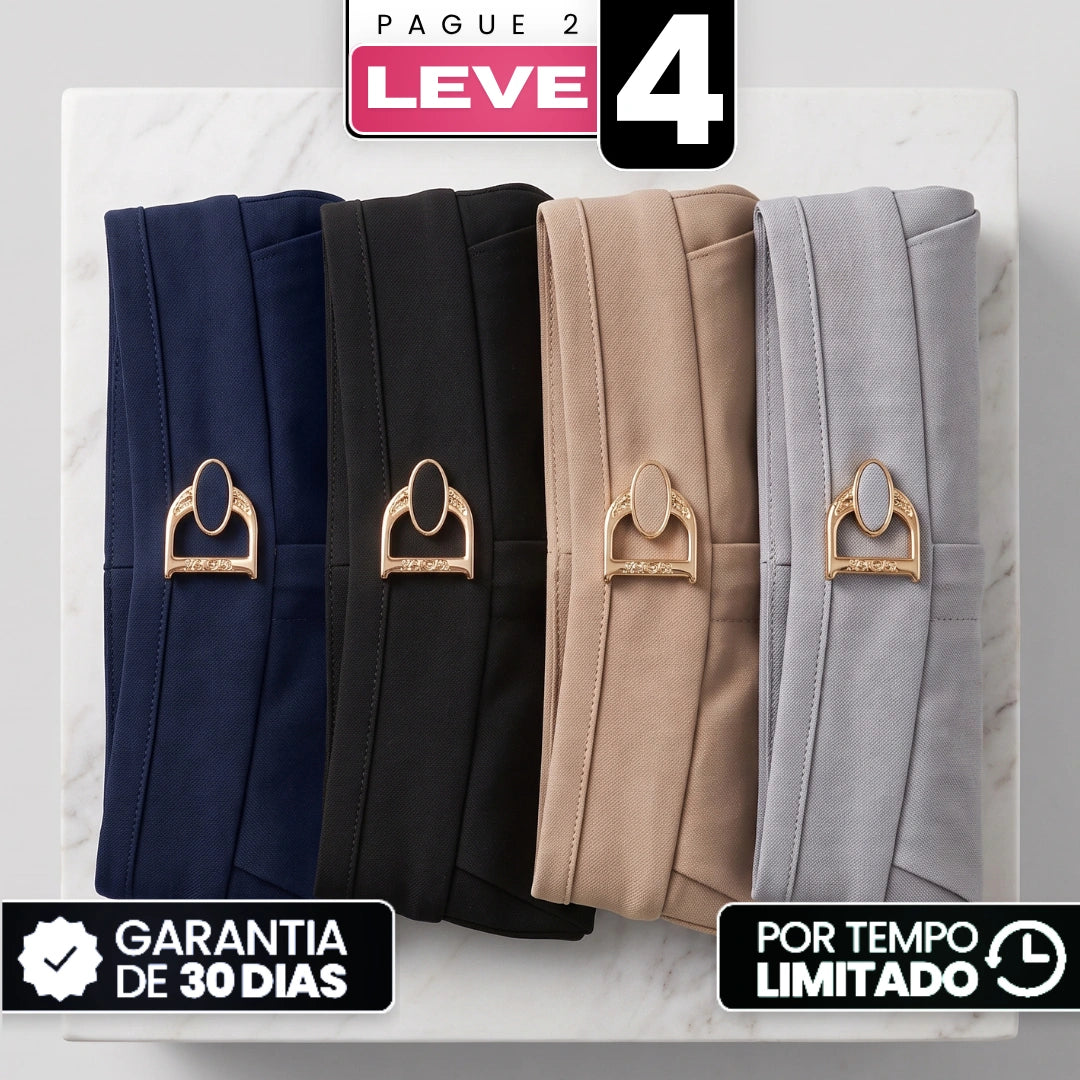[Compre 2, Leve 4] Calça Eloria Feminina em Algodão, Poliéster e Viscoce com Aparência Sarjada de Cintura Alta com Caimento Reto e Fivela Metálica Dourada