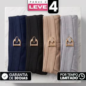 [Compre 2, Leve 4] Calça Eloria Feminina em Algodão, Poliéster e Viscoce com Aparência Sarjada de Cintura Alta com Caimento Reto e Fivela Metálica Dourada