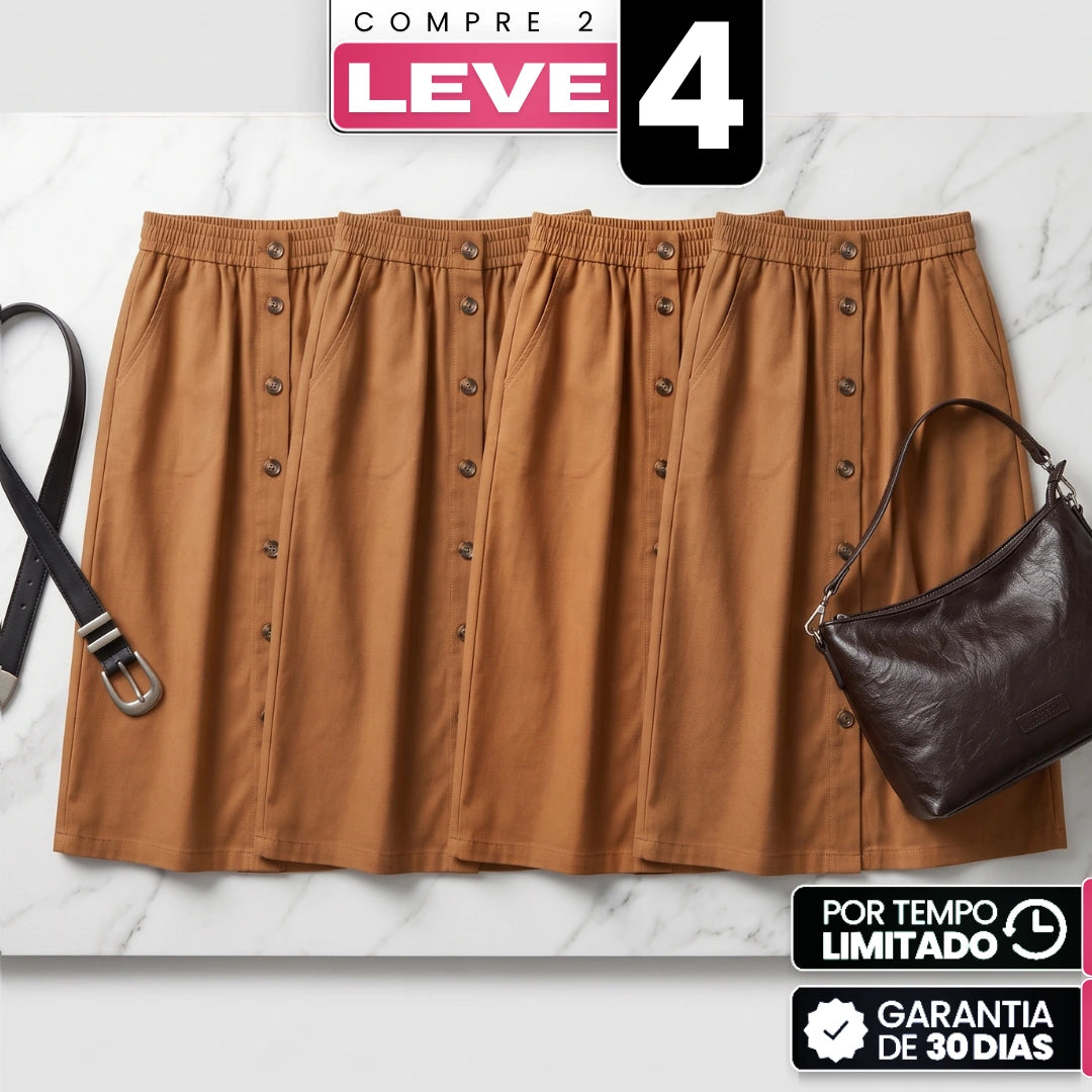 [Compre 2, Leve 4] Saia Dália Feminina em Algodão, Poliéster, Viscose de Cintura Alta com Botões Frontais e Bolsos + BRINDES: Bolsa e Cinto de Couro