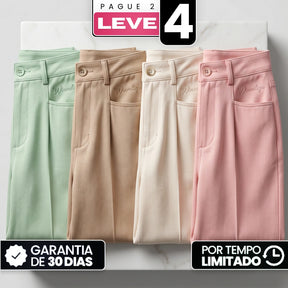 [Leve 4, Pague Só 2!] Calça Amara Feminina em Algodão, Viscose e Trama de Linho de Cintura Alta com Bolsos Frontais e Bordado Sutil