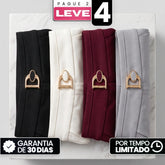 [Compre 2, Leve 4] Calça Eloria Feminina em Algodão, Poliéster e Viscoce com Aparência Sarjada de Cintura Alta com Caimento Reto e Fivela Metálica Dourada