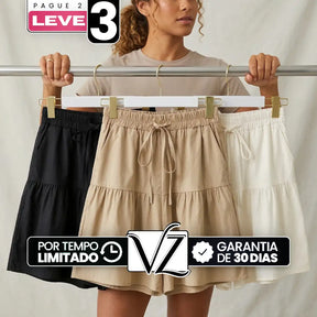 [Leve 3, Pague Só 2!] Shorts Serena Feminino em Aparência de Algodão e Poliéster de Cintura Alta com Design em Camadas e Cordão de Ajuste