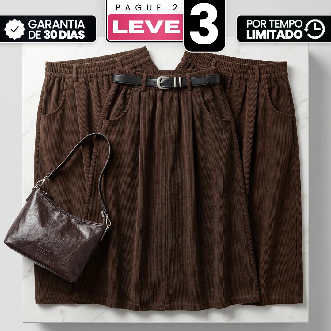 [Compre 2 e Leve 3] Saia Mirea Feminina em Veludo Cotelê de Algodão, Poliéster e Elastano de Cintura Elástica com Bolsos Curvos + BRINDES