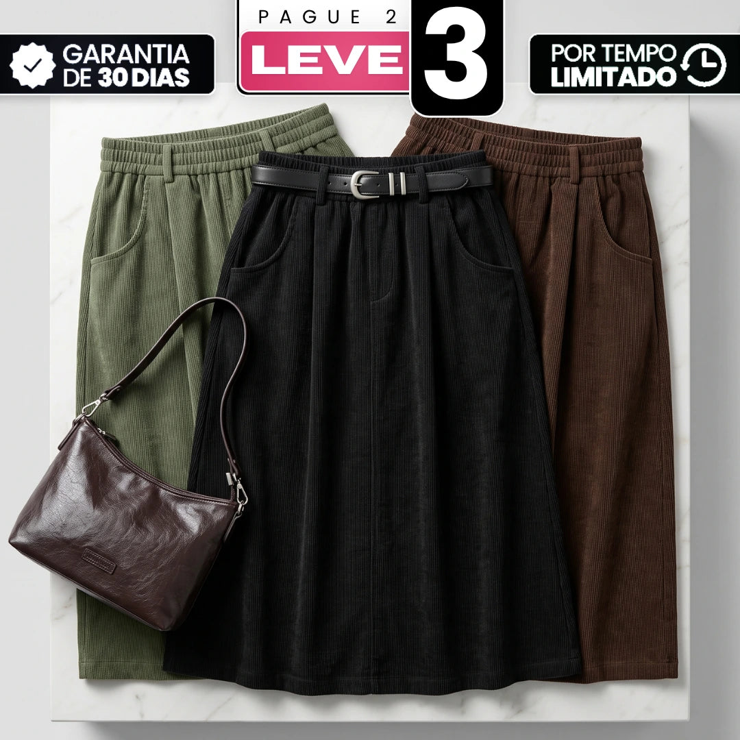 [Compre 2 e Leve 3] Saia Mirea Feminina em Veludo Cotelê de Algodão, Poliéster e Elastano de Cintura Elástica com Bolsos Curvos + BRINDES