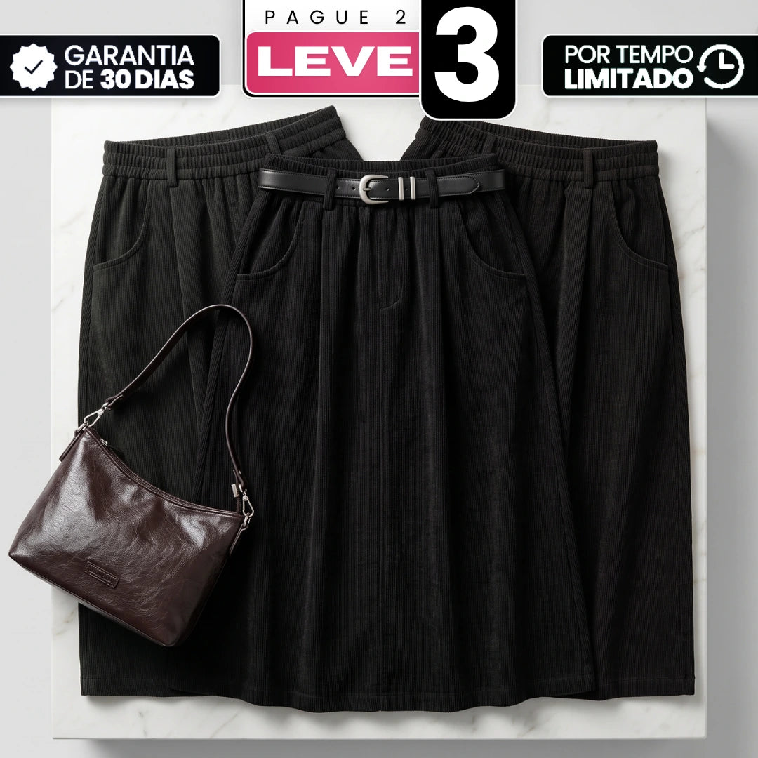 [Compre 2 e Leve 3] Saia Mirea Feminina em Veludo Cotelê de Algodão, Poliéster e Elastano de Cintura Elástica com Bolsos Curvos + BRINDES