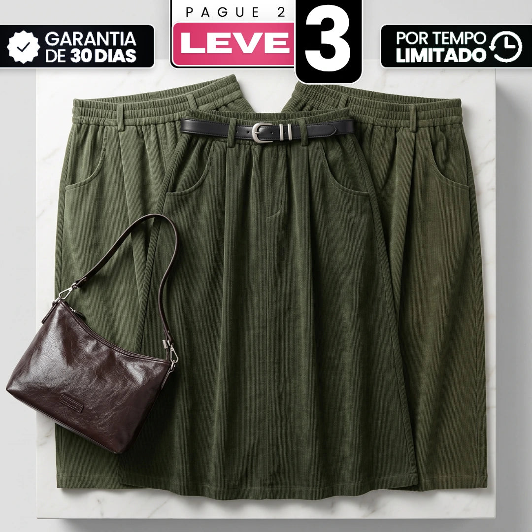 [Compre 2 e Leve 3] Saia Mirea Feminina em Veludo Cotelê de Algodão, Poliéster e Elastano de Cintura Elástica com Bolsos Curvos + BRINDES
